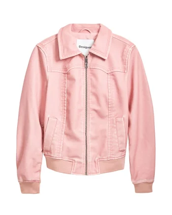 Jacheta din piele ecologica cu buzunare oblice, Roz pastel