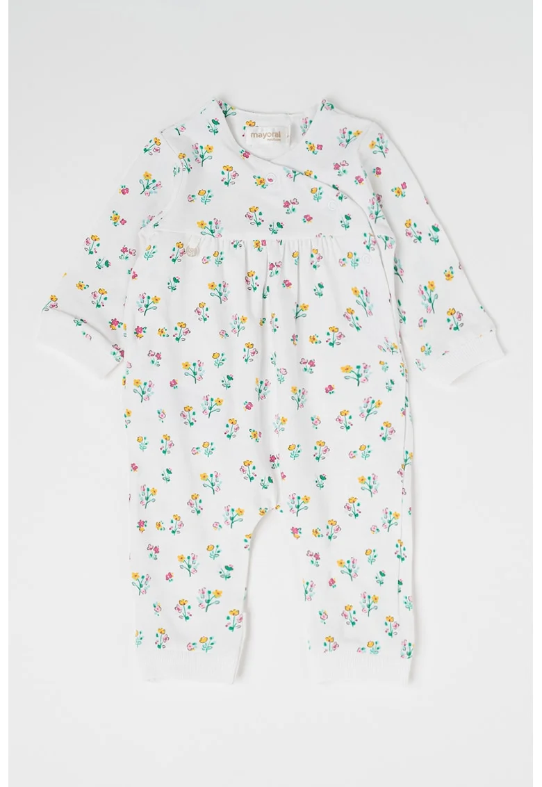 Salopeta din amestec de bumbac cu model floral, Alb optic/Verde deschis