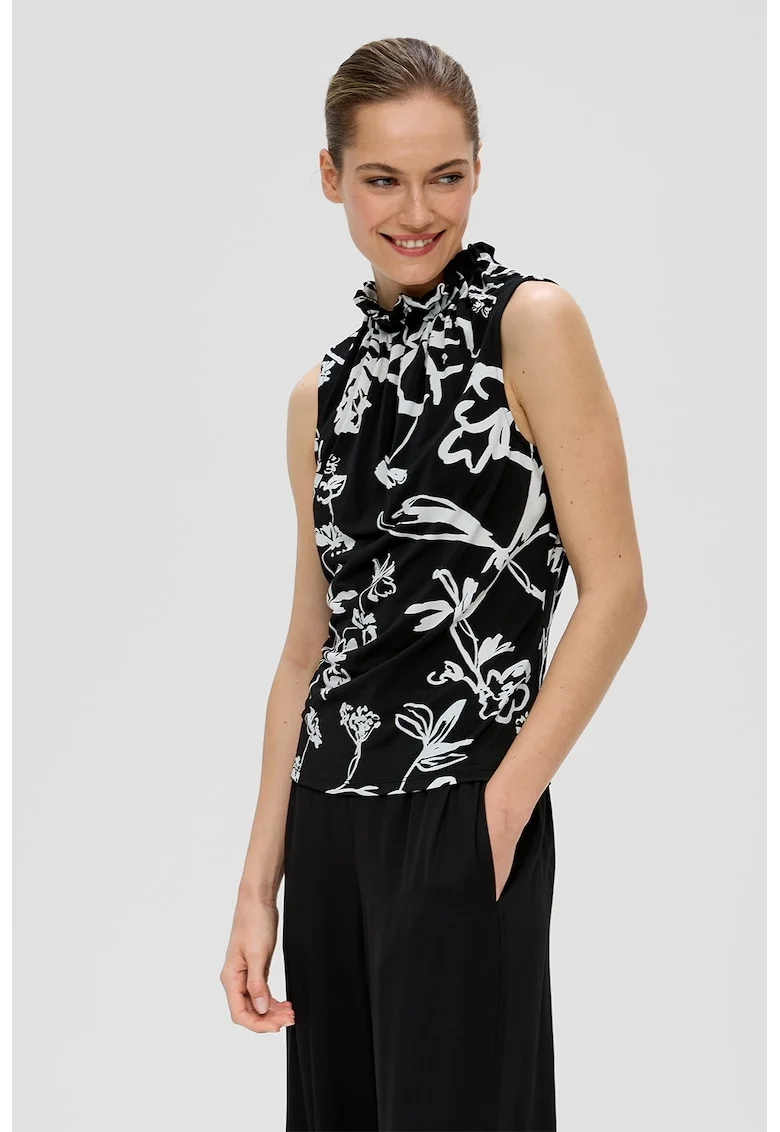 Top slim fit cu model floral, Alb/Negru