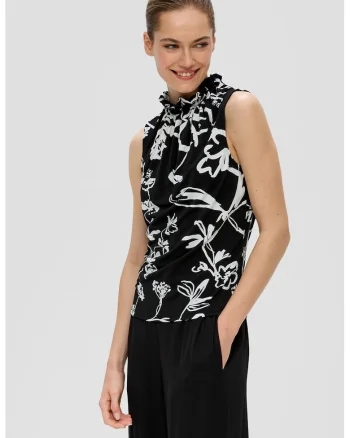Top slim fit cu model floral, Alb/Negru
