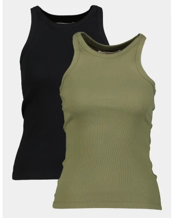 Set de top-uri striate din bumbac organic - 2 piese, Negru/Kaki