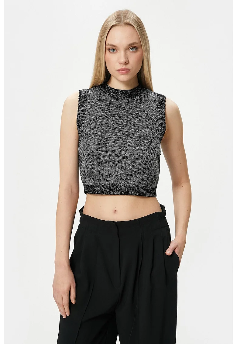 Top crop cu aspect stralucitor, Gri inchis melange