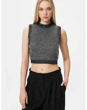 Top crop cu aspect stralucitor, Gri inchis melange