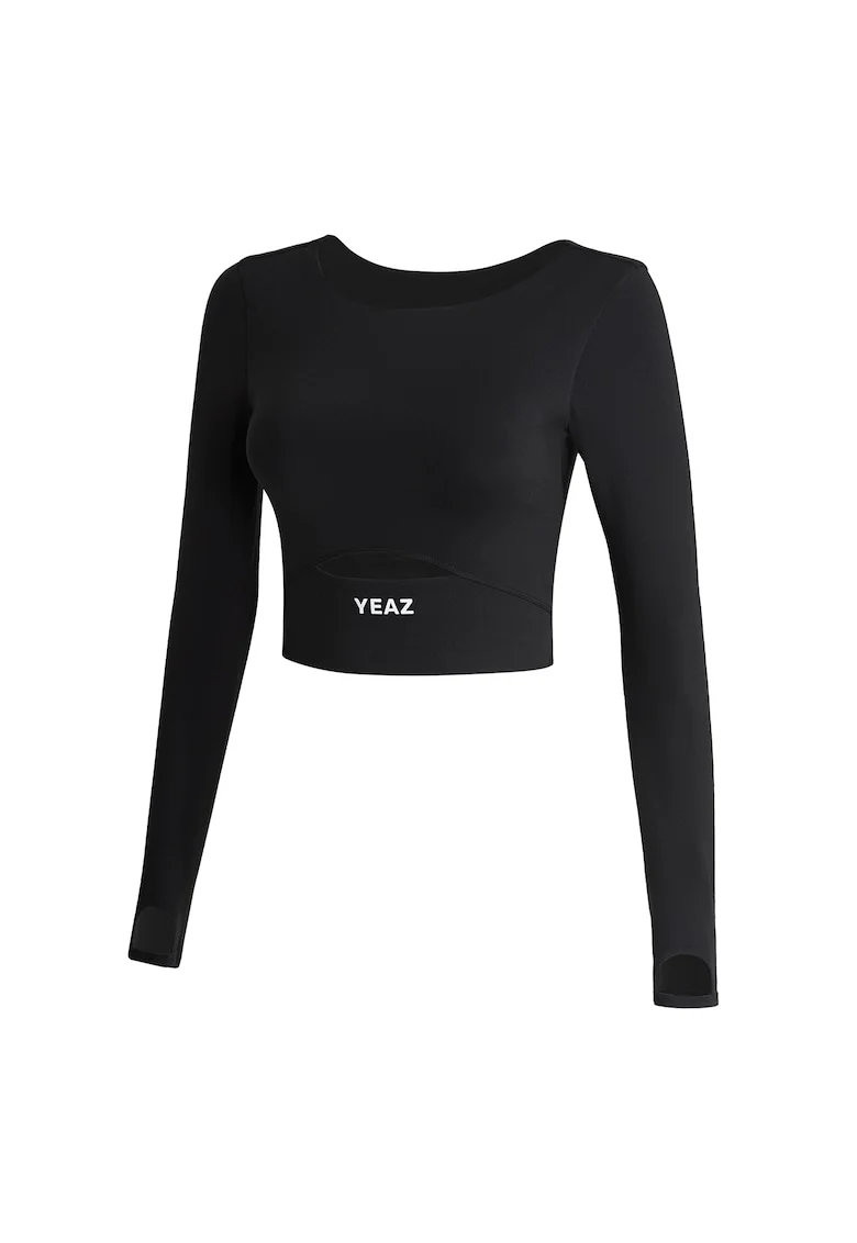 Bluza crop cu decupaj frontal, pentru fitness Revelation, Negru
