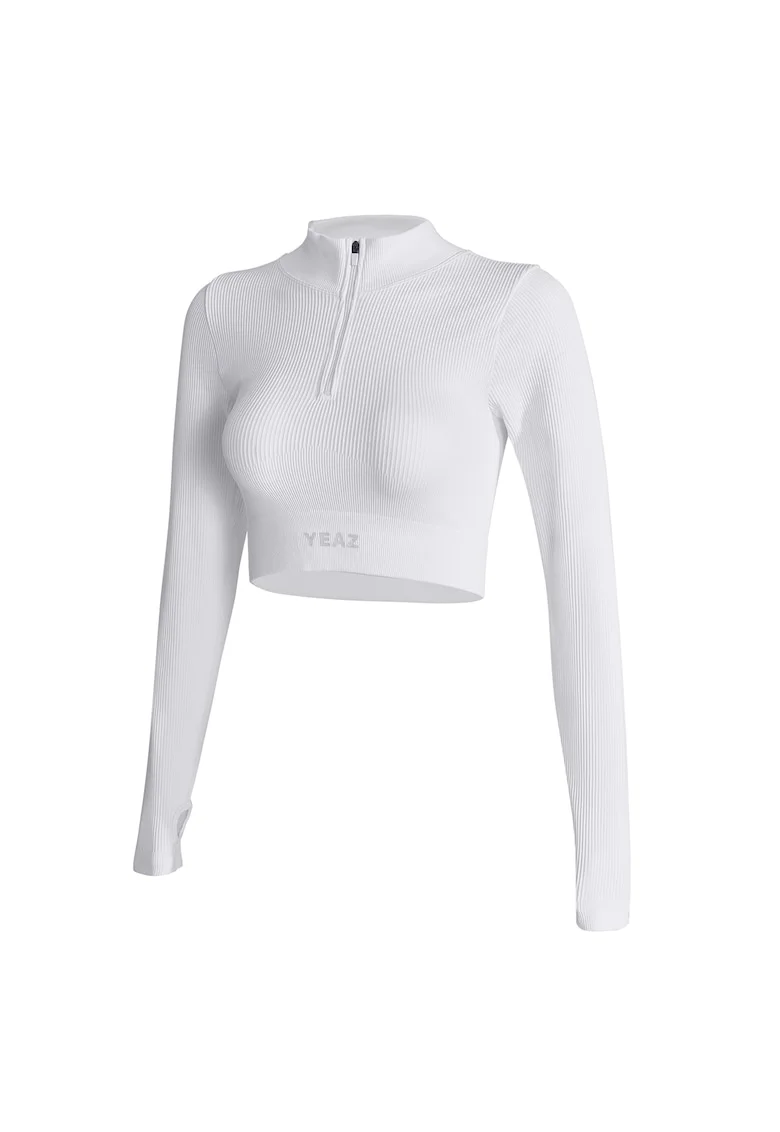 Bluza crop cu fermoar scurt pentru antrenament, Alb