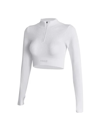 Bluza crop cu fermoar scurt pentru antrenament, Alb