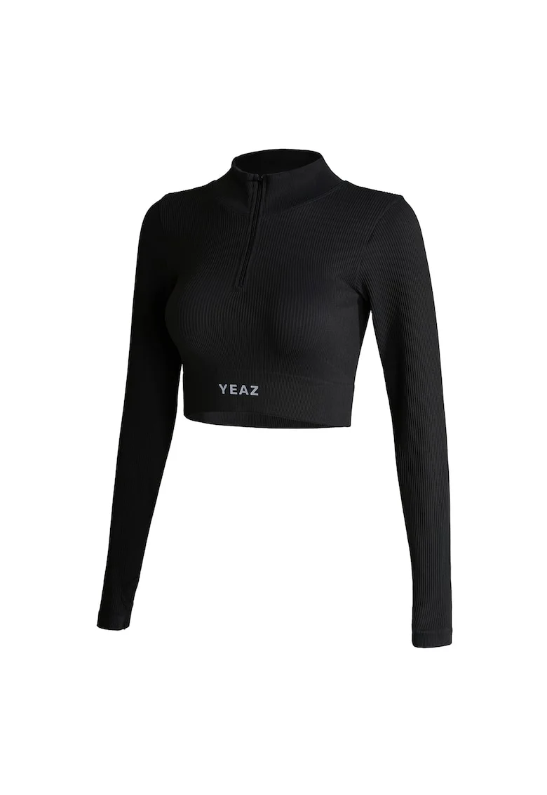 Bluza crop cu fermoar scurt pentru antrenament, Negru