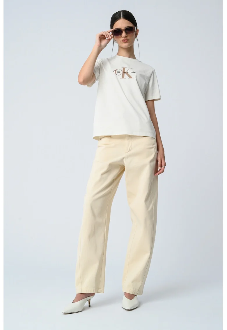 Tricou relaxed fit cu imprimeu logo, Maro inchis/Crem