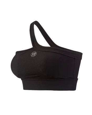 Top crop cu decolteu pe un umar pentru fitness Adore, Negru