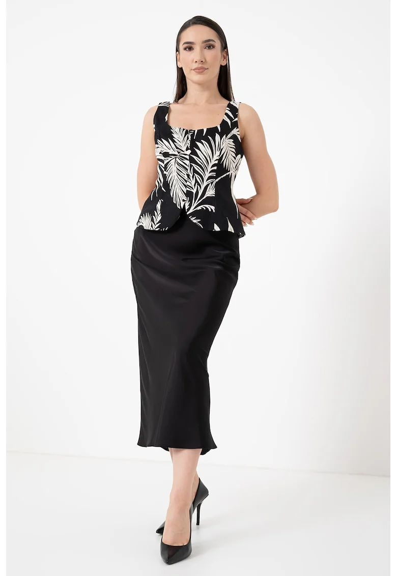 Top asimetric din amestec de in cu model, Alb fildes/Negru
