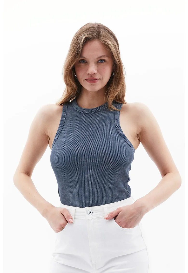 Top slim fit striat, Albastru inchis