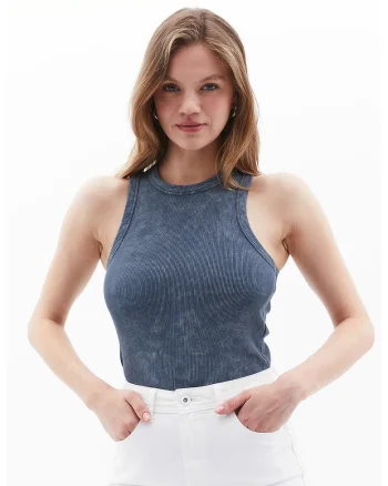 Top slim fit striat, Albastru inchis