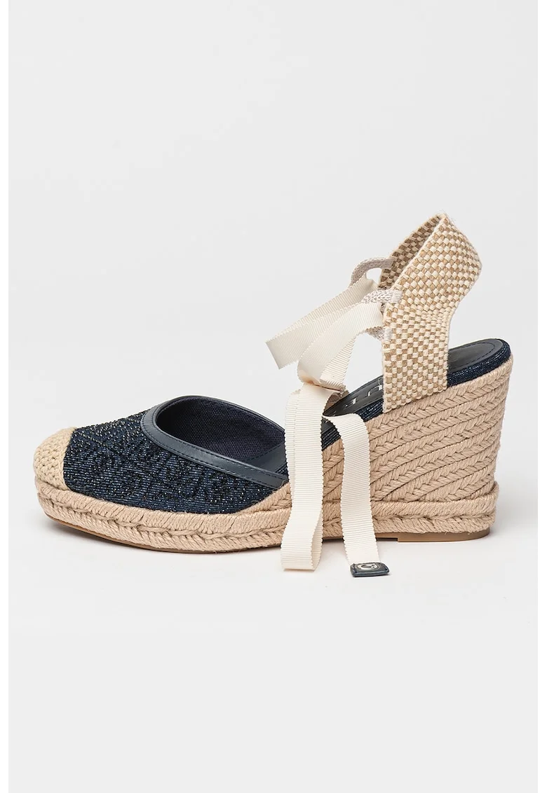 Espadrile wedge cu model monograma, Alb fildes/Bej/Bleumarin