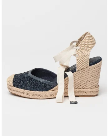 Espadrile wedge cu model monograma, Alb fildes/Bej/Bleumarin