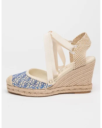 Espadrile wedge cu strasuri, Alb fildes/Albastru royal