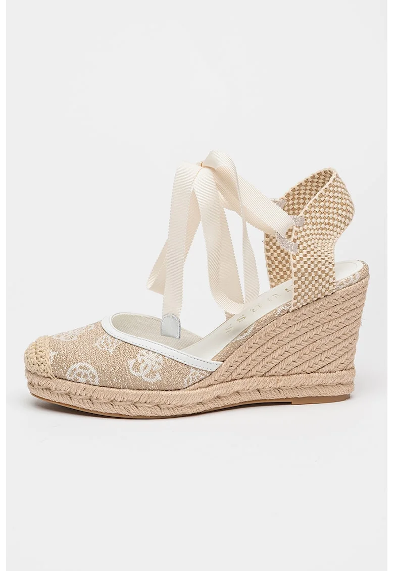 Espadrile wedge cu model monograma, Alb/Alb fildes/Bej