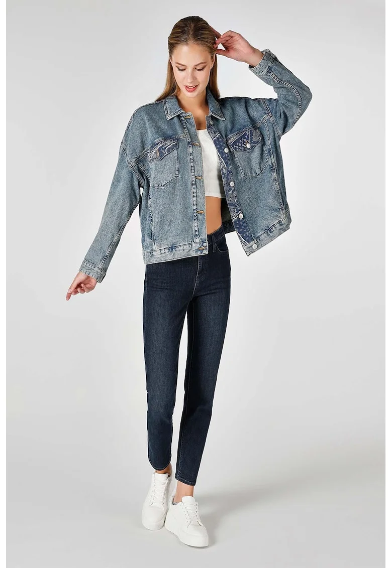 Jacheta din denim cu garnituri cu model, Albastru royal