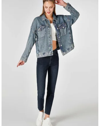 Jacheta din denim cu garnituri cu model, Albastru royal