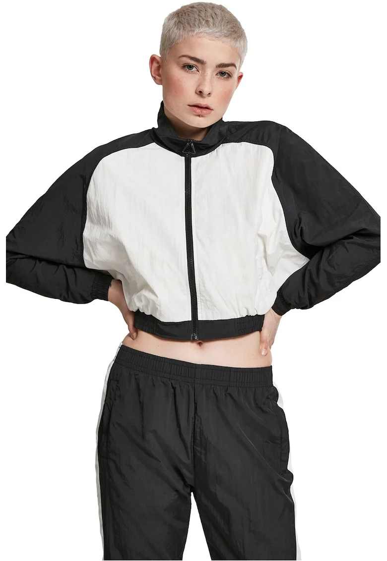 Jacheta crop cu model colorblock, Alb/Negru