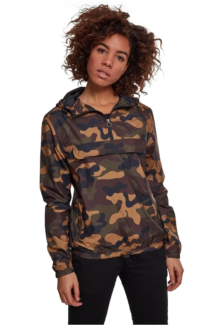 Jacheta fara inchidere cu imprimeu camuflaj, Negru/Portocaliu pal/Verde feriga