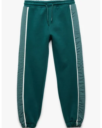 Pantaloni relaxed fit de trening cu talie ajustabila, Alb/Verde