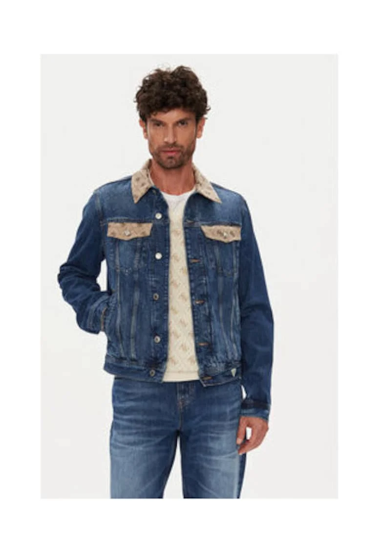 Jacheta din denim cu buzunare si model logo