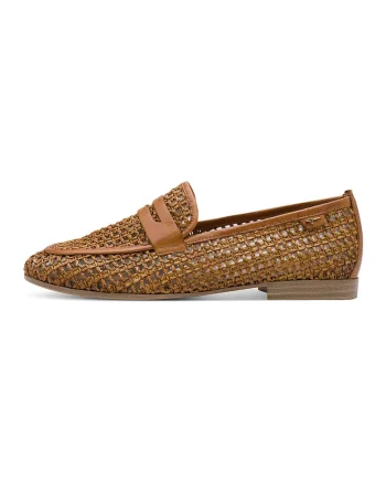 Pantofi loafer din piele si material textil, Maro cognac