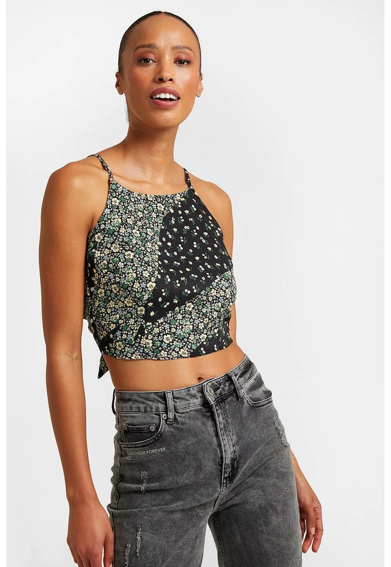 Top crop cu imprimeu floral, Verde/Negru/Albastru