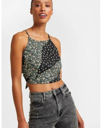 Top crop cu imprimeu floral, Verde/Negru/Albastru