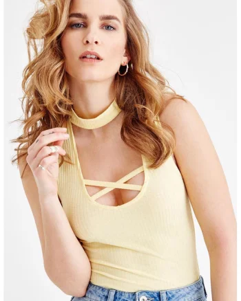 Top slim fit cu model uni, Galben pai