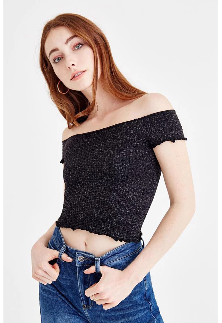 Top crop cu aspect stralucitor, Negru
