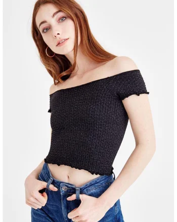 Top crop cu aspect stralucitor, Negru