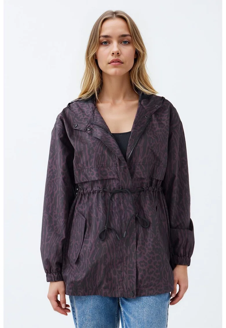 Jacheta cu gluga si animal print, Negru stins/Violet pruna