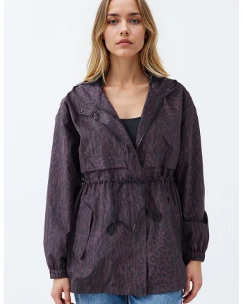 Jacheta cu gluga si animal print, Negru stins/Violet pruna