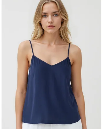 Top lejer cu model uni si bretele inguste, Bleumarin
