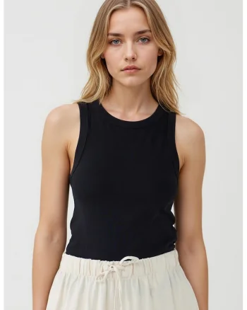 Top slim-fit din amestec de bumbac, Negru