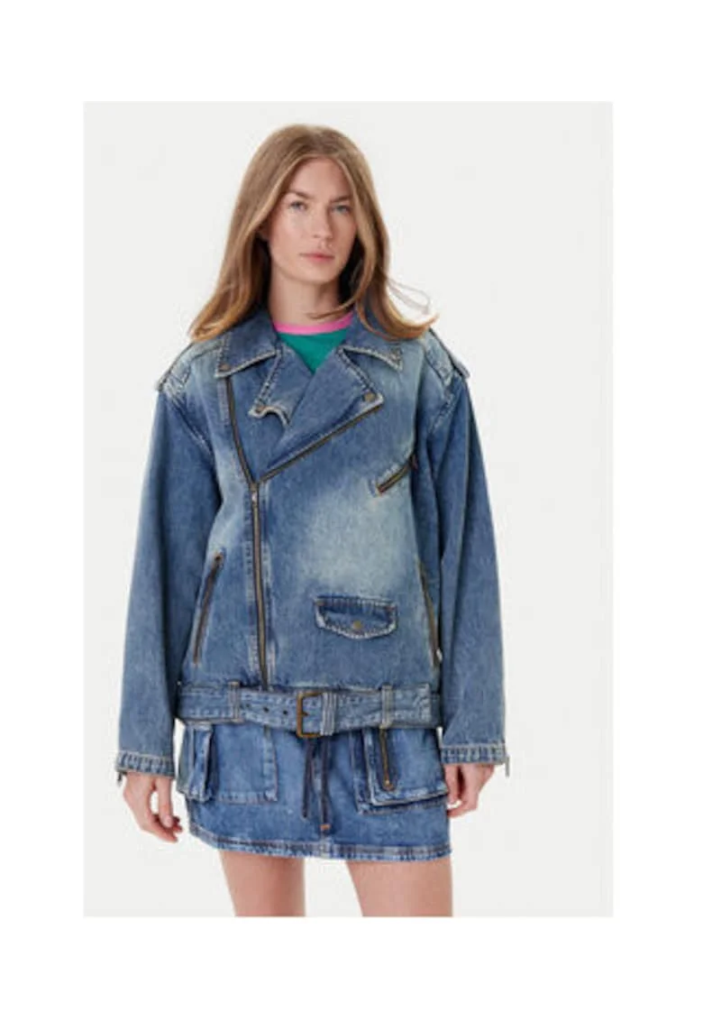 Geaca biker din denim, cu aspect supradimensionat