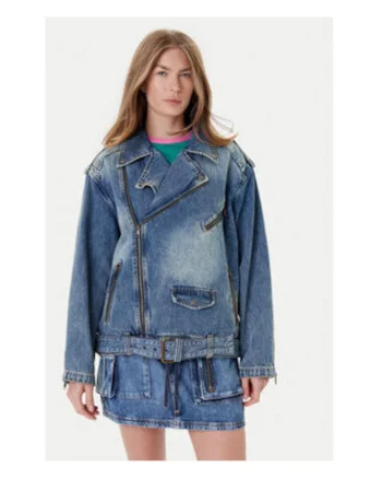 Geaca biker din denim, cu aspect supradimensionat