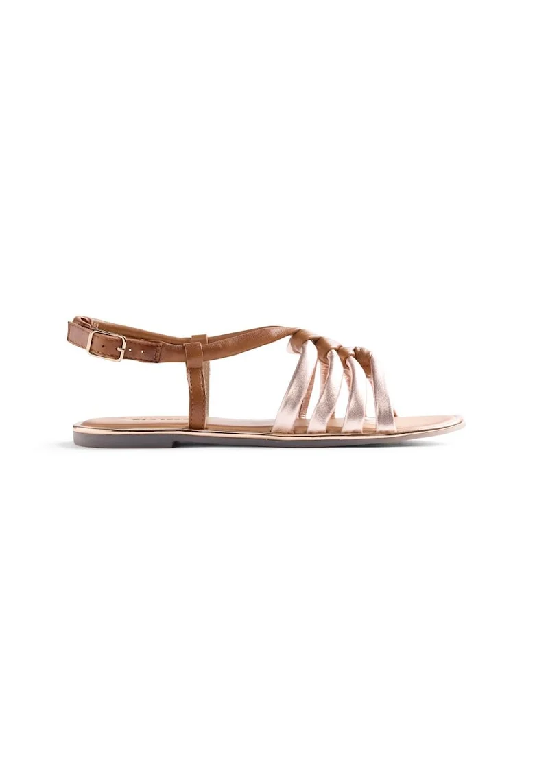 Sandale de piele cu catarama si talpa plata, Caramel