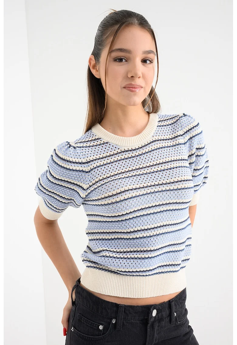 Pulover cu maneci cazute Rita, Alb fildes/Albastru lavanda/Bleumarin
