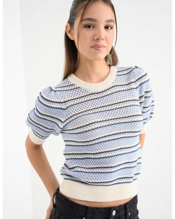 Pulover cu maneci cazute Rita, Alb fildes/Albastru lavanda/Bleumarin