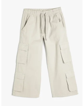 Pantaloni cargo cu snur in talie, Alb murdar