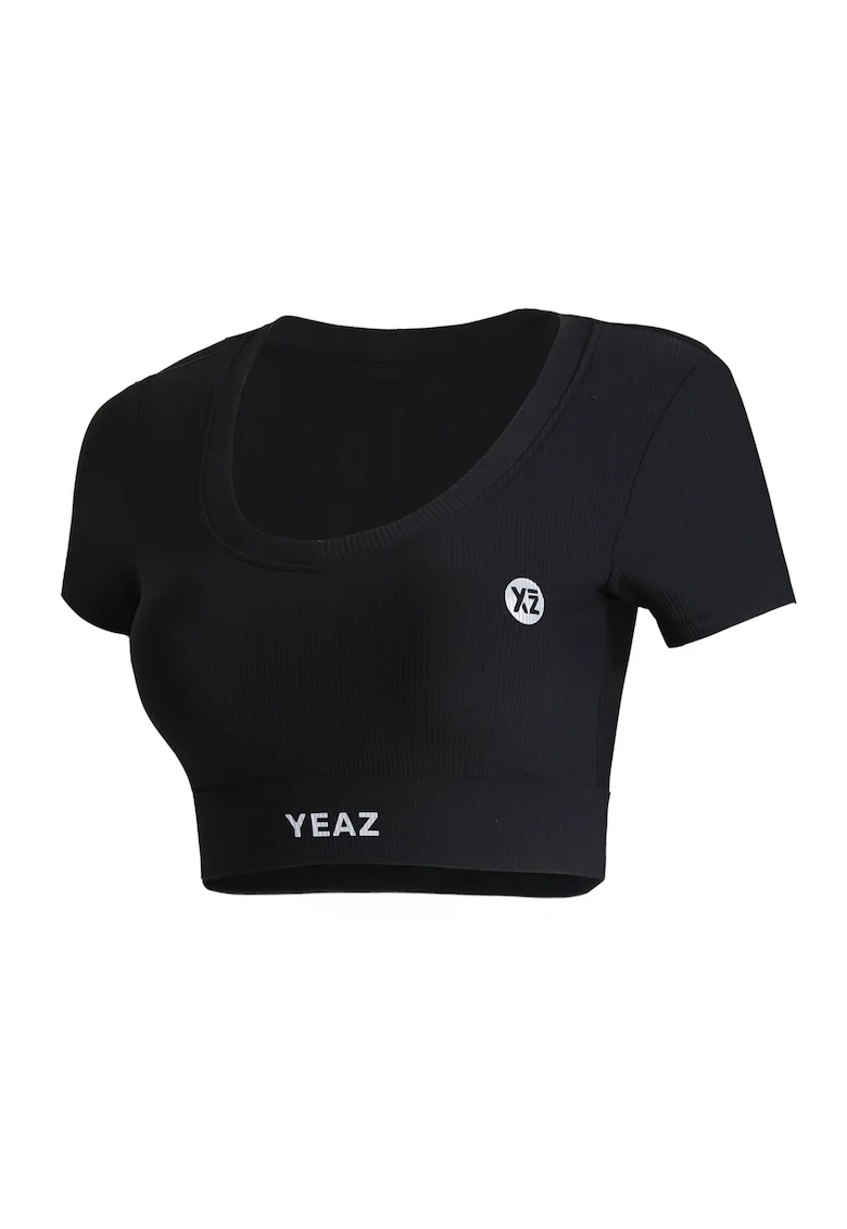 Tricou crop pentru fitness, Negru