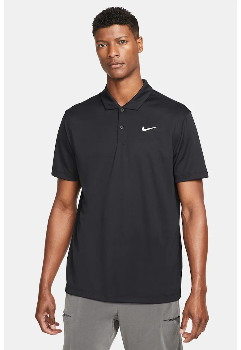 Tricou polo cu tehnologie Dri-Fit si imprimeu logo pentru tenis, Negru