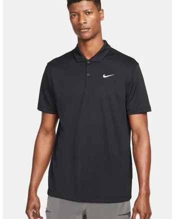 Tricou polo cu tehnologie Dri-Fit si imprimeu logo pentru tenis, Negru
