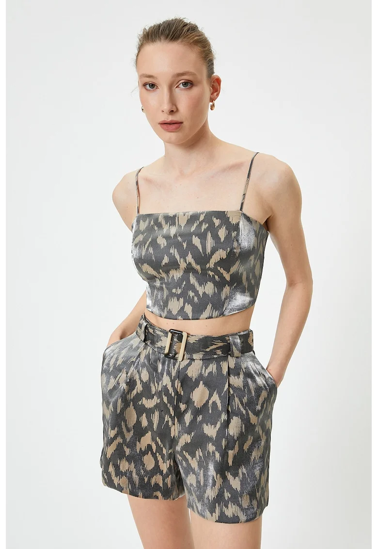 Top crop cu bretele ajustabile, Maro nisip/Gri inchis