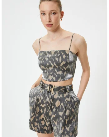 Top crop cu bretele ajustabile, Maro nisip/Gri inchis