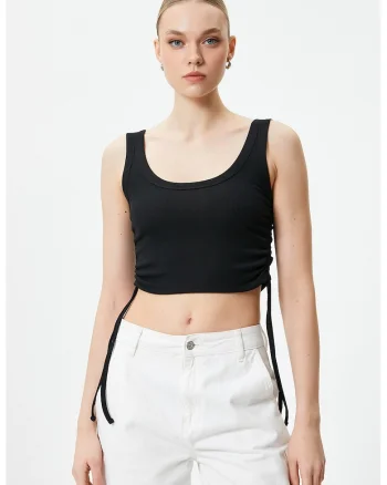 Top crop cu striatii si snururi laterale, Negru