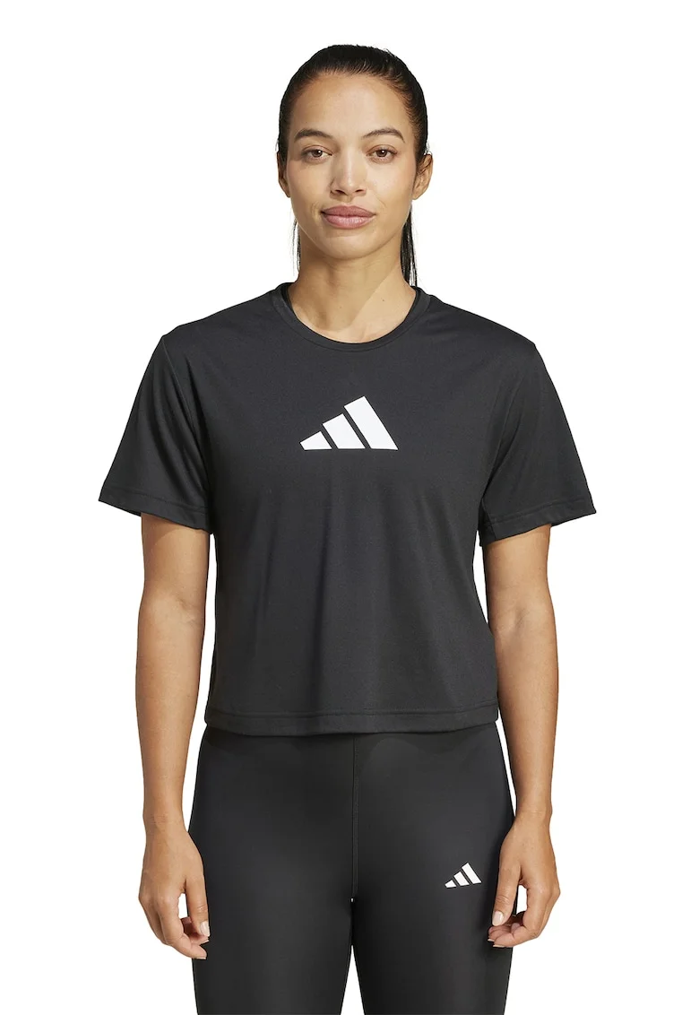 Tricou crop cu logo, pentru fitness, Negru