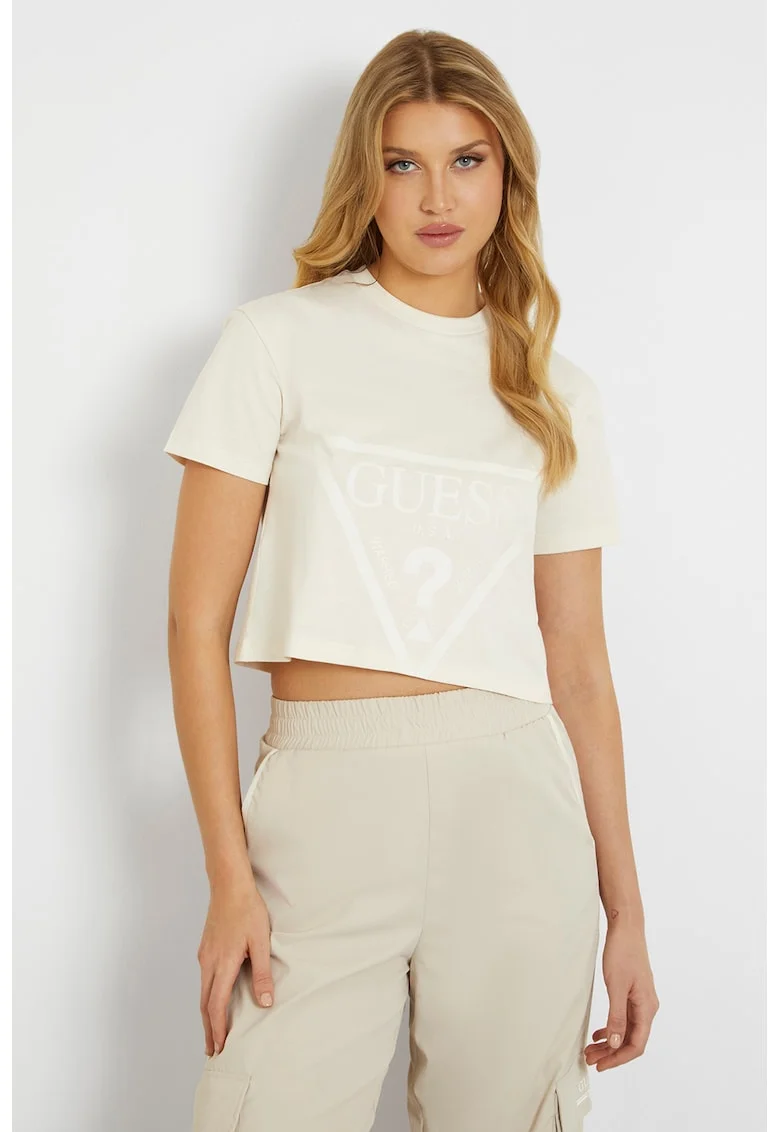 Tricou crop pentru fitness Adele, Alb fildes/Bej deschis